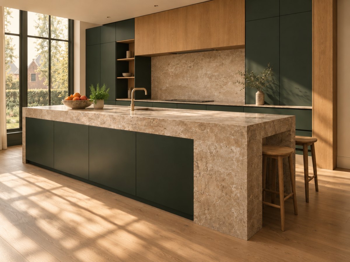 Een keuken op maat met grepenloze donkergroene kasten, een dik natuurstenen eiland en eiken detaillering in ochtendlicht.
