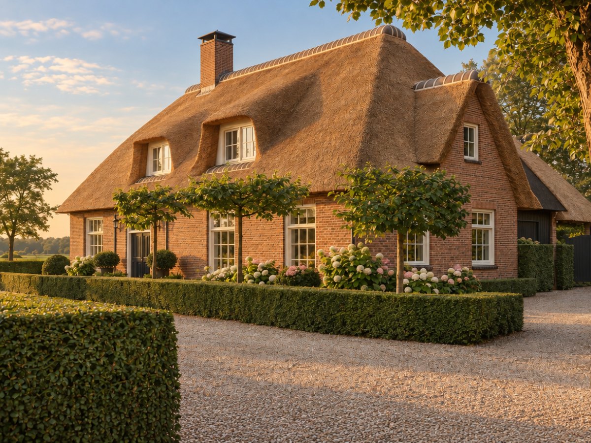 Een Nederlandse landhuiswoning met een nieuw gelegd rieten dak in strijklicht, met strakke nokafwerking en geschoren hagen ervoor.