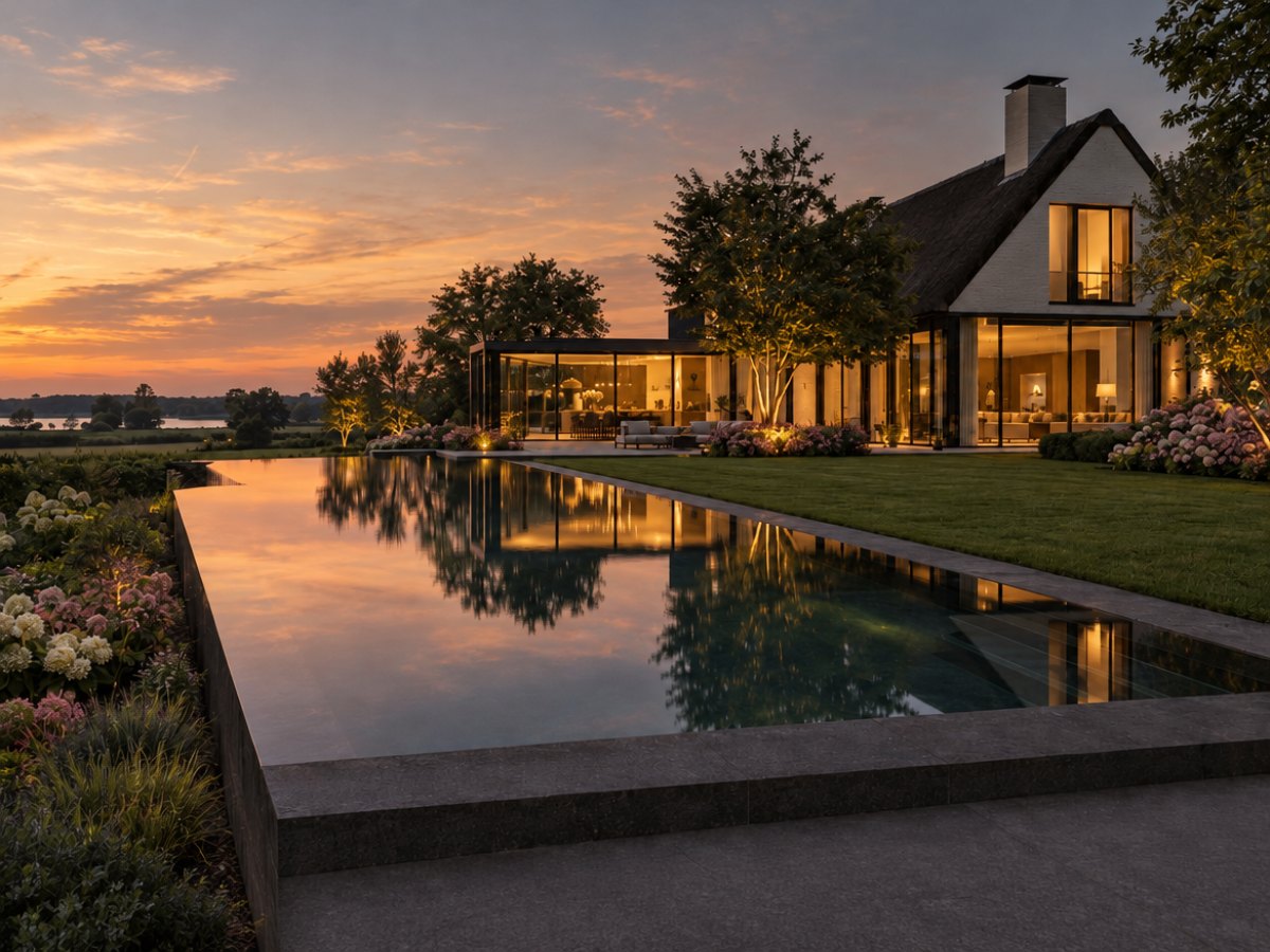 Een langgerekt overloopzwembad bij schemering naast een villa met rieten dak en grote glaspartijen.